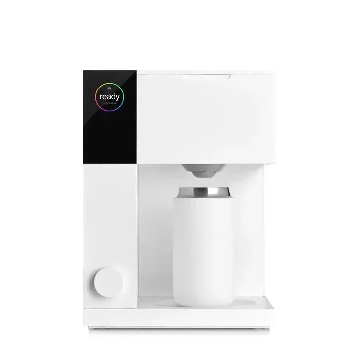 Modern white compact beverage machine with can dispenser and digital ready light display