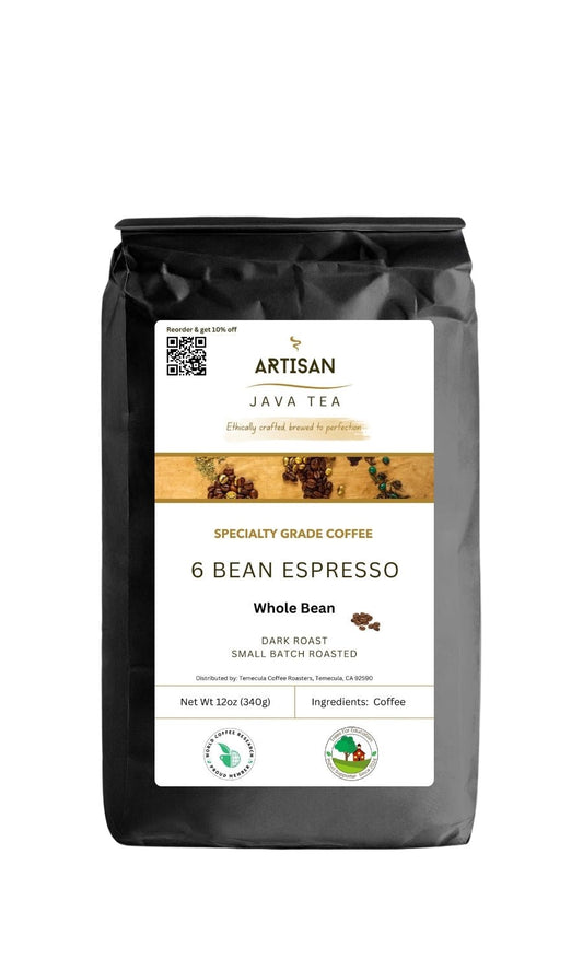 6 Bean Espresso Blend | Specialty Grade Coffee in a black bag with label