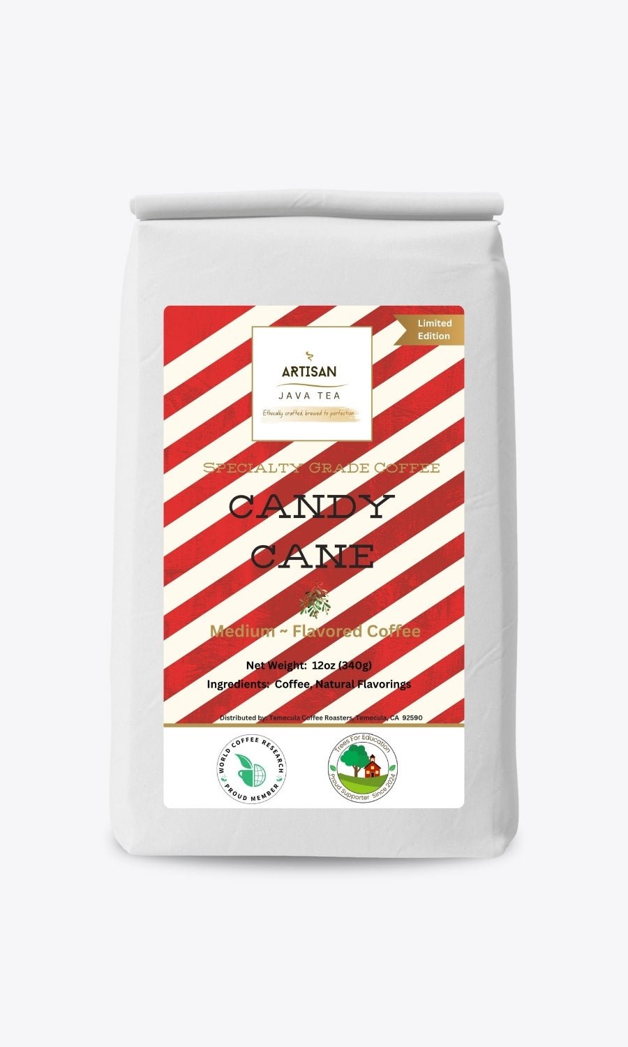 Candy Cane - Limited Edition -Specialty Grade Flavored Coffee in a white bag with red and white candy cane stripes