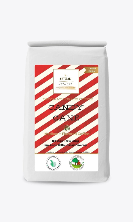 Candy Cane - Limited Edition -Specialty Grade Flavored Coffee in a white bag with red and white candy cane stripes