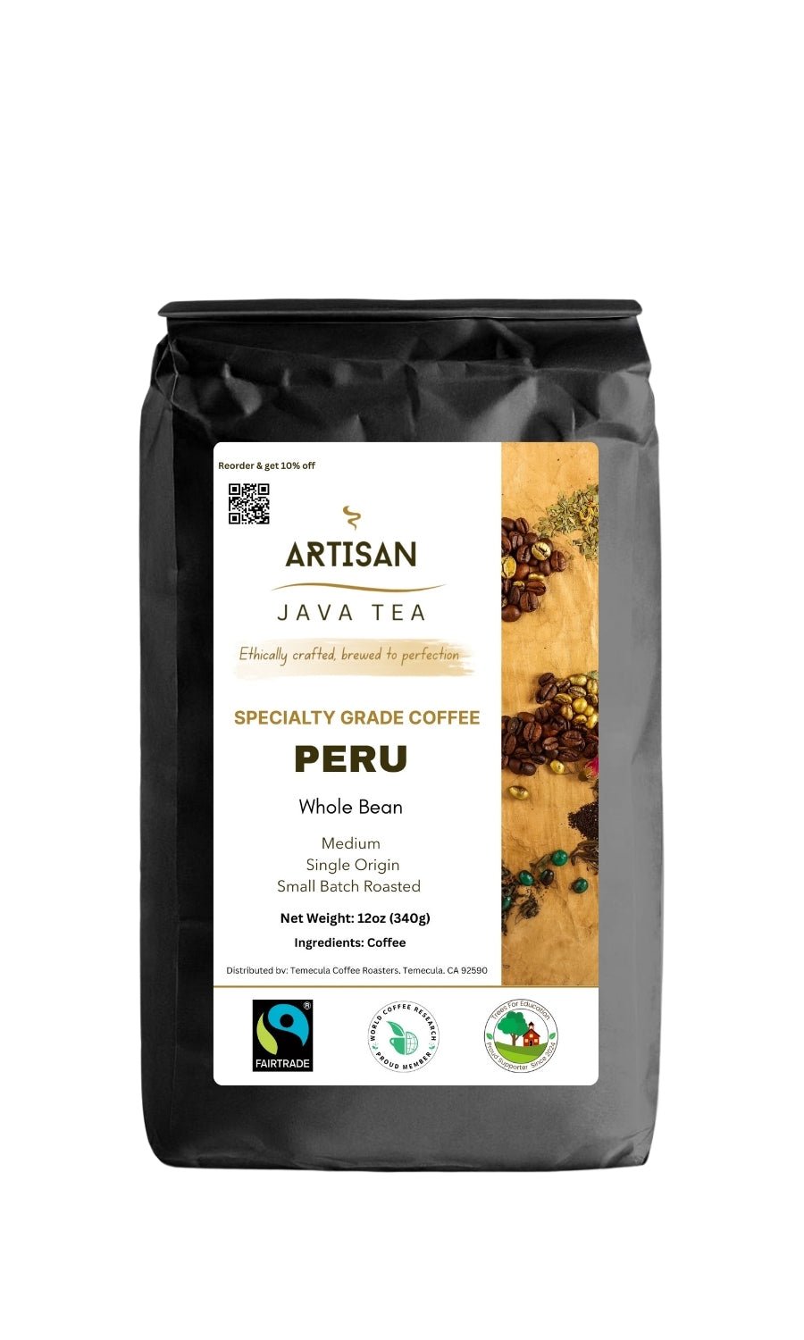 Fairtrade® Peru|Single Origin|Specialty Grade Coffee with label in black  bag