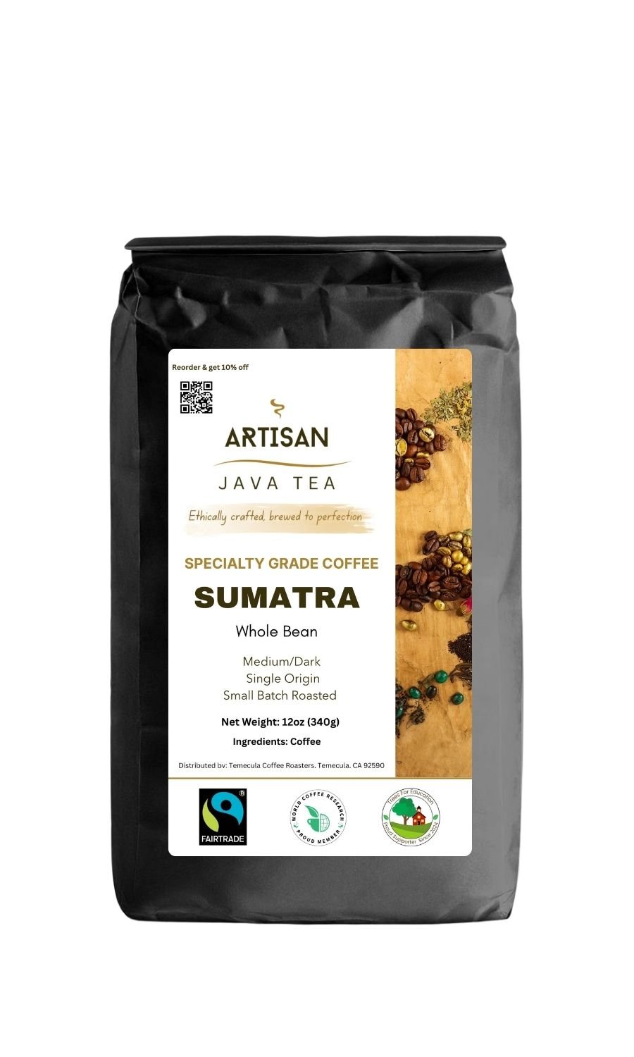 Fairtrade Sumatra |Single Origin | Specialty Grade Coffee in black bag with label
