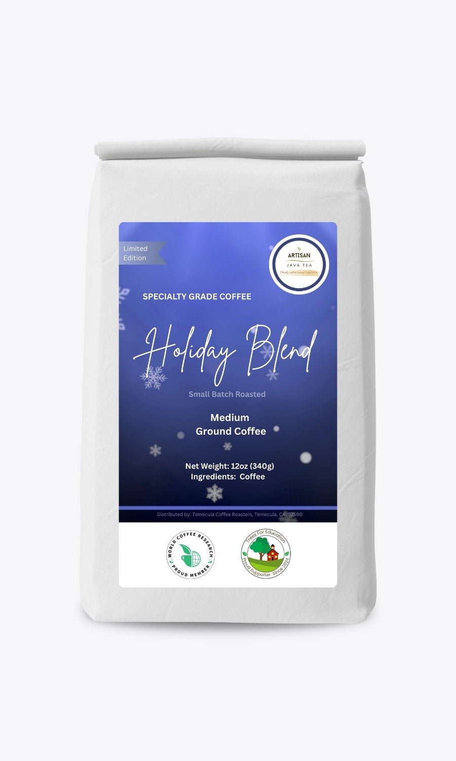 Holiday Blend - Limited Edition - packaged in a white bag with blue festive label with snow