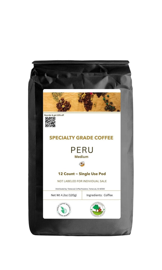 Peru Coffee Pods-12 count pods in a black labelled box