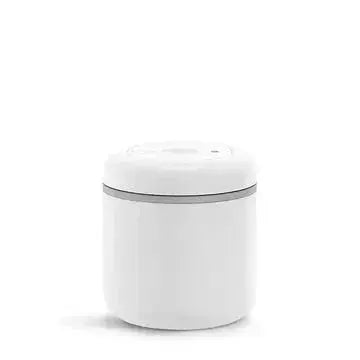 Compact white insulated food container with gray lid against white background