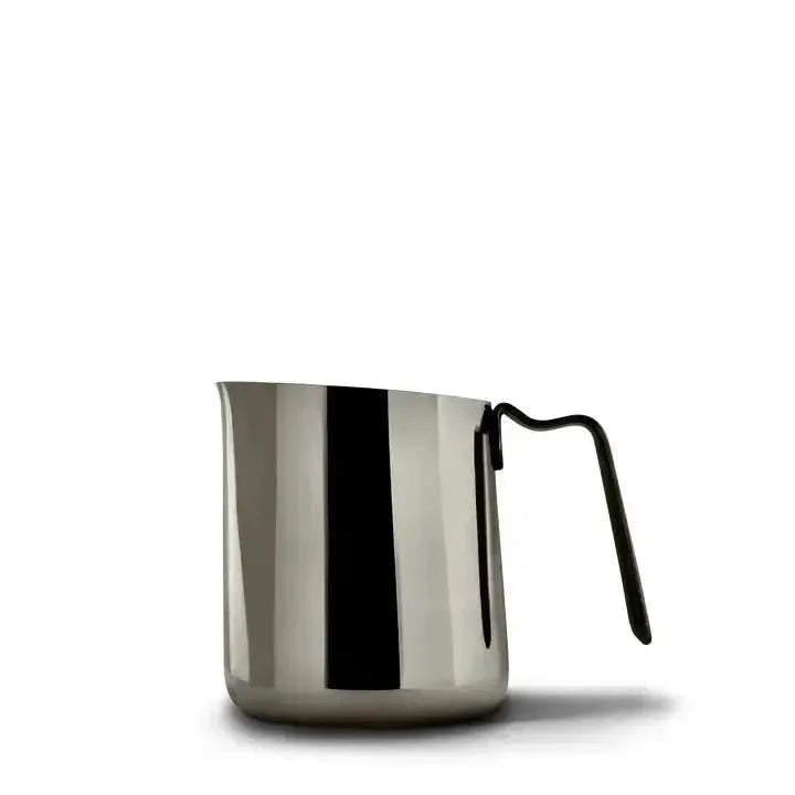 Stainless steel milk frothing pitcher with black handle on white background