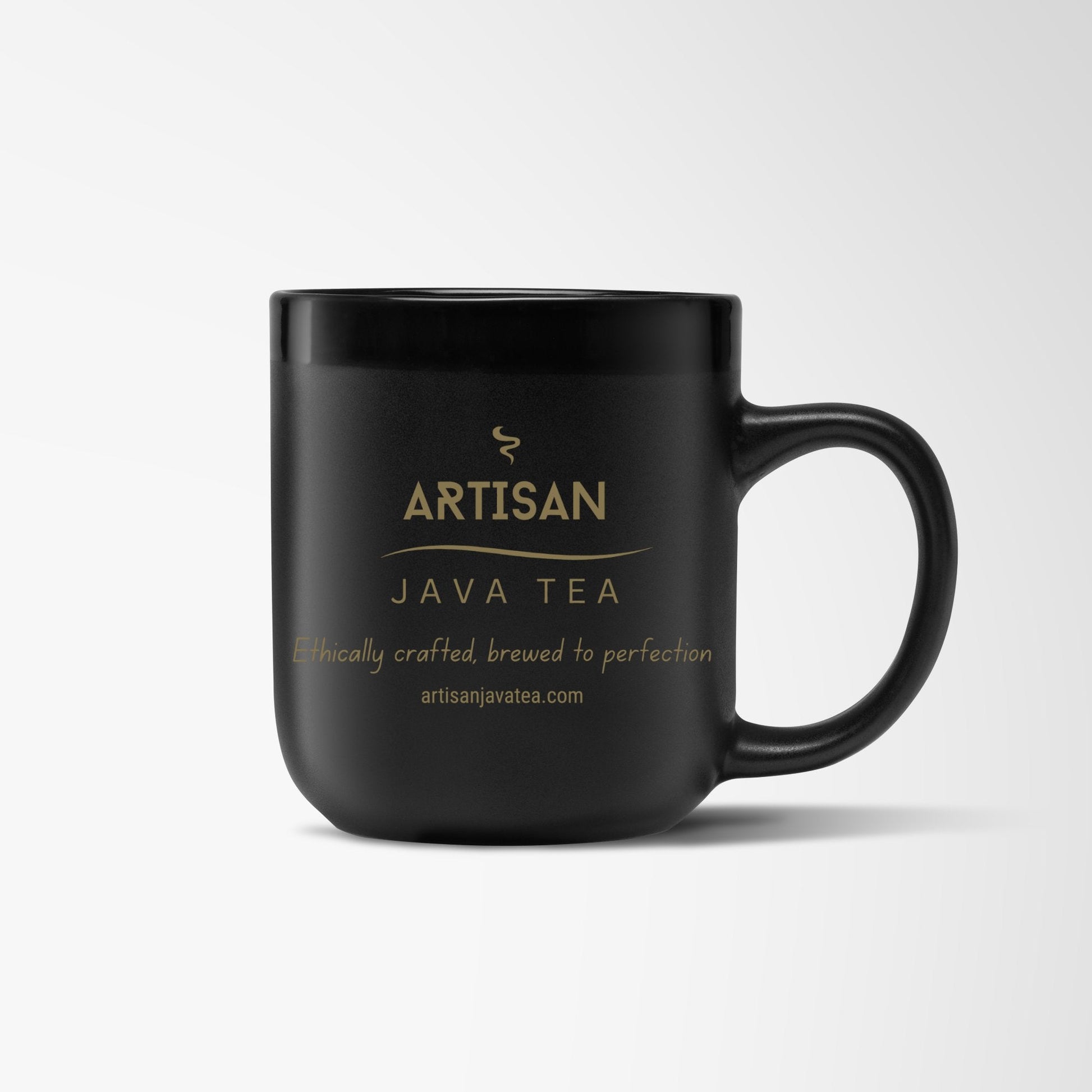 Black ceramic mug with matte exterior finish and Artisan Java Tea Logo in gold color