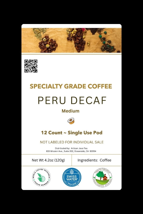 Peru Decaf Coffee Pods | 12 Convenient Single Use Pods - Artisan Java Tea