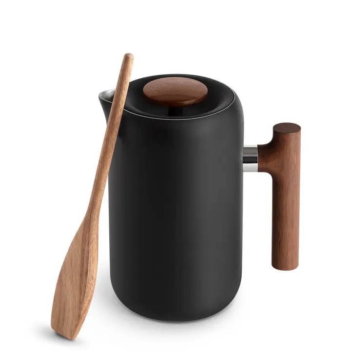 Clara French Press with black insulated body and wooden handle.