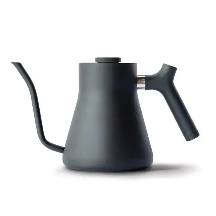 Matte black stovetop pour-over kettle with angled spout and ergonomic handle