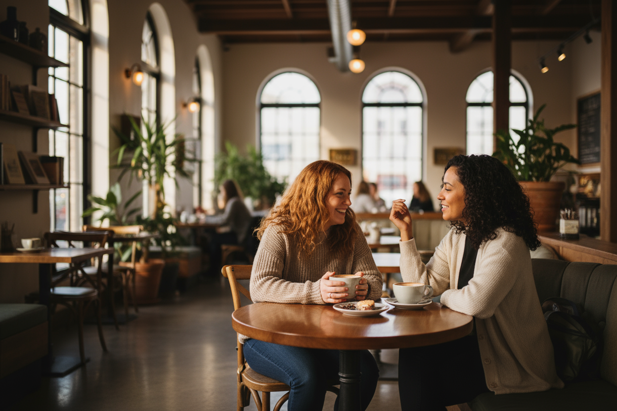 women at cafe drinking coffee